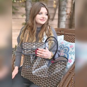 AUTHENTIC GOYARD St Louis Black x Brown Chevron PM Tote Bag with Pouch